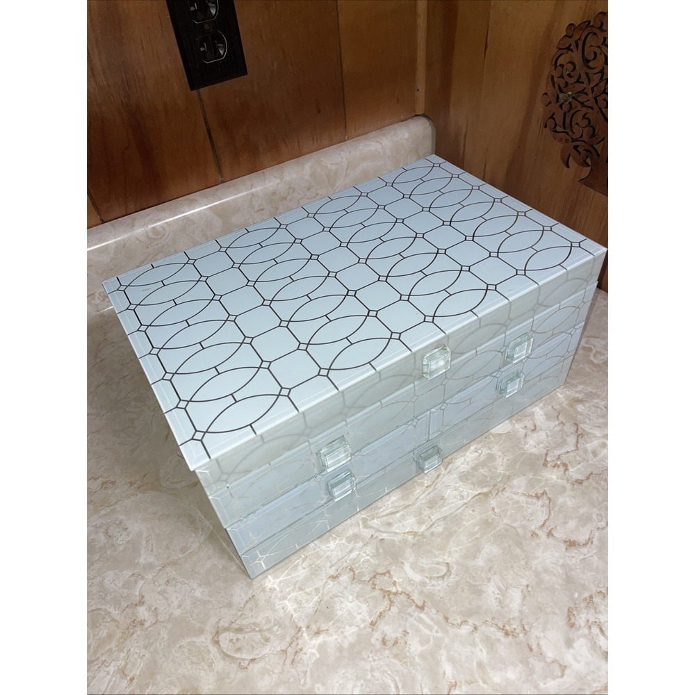 Z Gallery White Glass Mirrored Silver Geometric Pattern Jewelry Box Trinket Case